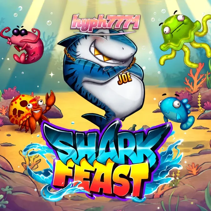 Tampilan visual grid 6x6 pada slot Shark Feast dengan elemen kartun bawah laut yang cerah.